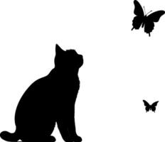 un gatito se sienta y mira a un volador mariposa. negro silueta de un gato aislado en blanco antecedentes. ai generado ilustración. vector