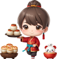 AI generated chinese new year cartoon girl holding a tray of food png