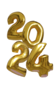 3D illustration of 2024 number shaped balloons. Gold balloons in shape of 2,0,2 and 4, on transparent background. png