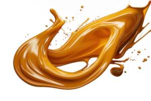 AI generated Splash of melted caramel sauce isolated on transparent background. Brown toffee wave splashing with droplets. Tasty confectionary png