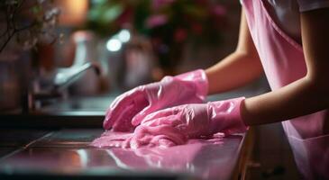 ai generado mujer hombre en cocina con rosado guantes Lavado foto