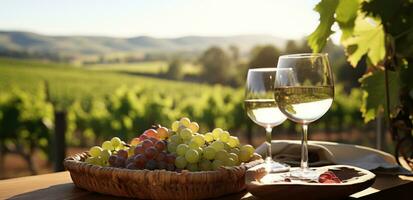 AI generated wine, wine, grapes and wine glasses on a table in a vineyard photo