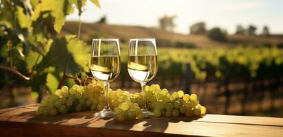 ai generado vino, vino, uvas y vino lentes en un mesa en un viñedo foto