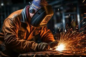 AI generated welder wearing safety gear and welding metals photo