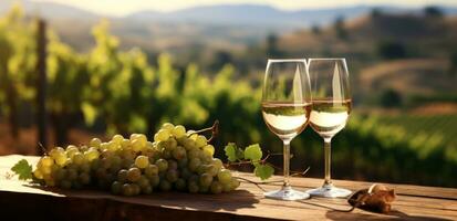 ai generado vino, vino, uvas y vino lentes en un mesa en un viñedo foto