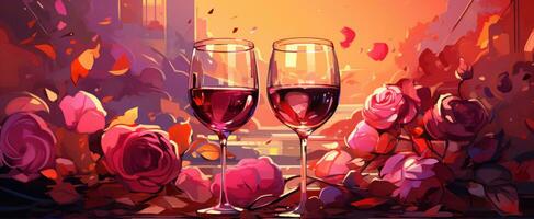 AI generated two glasses of wine and roses on a red table photo