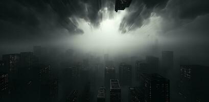 AI generated urban skyline aerial black and white photo