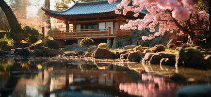 AI generated a pretty house with some cherry blossoms photo