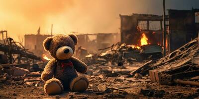 AI generated kids teddy bear toy over city burned destruction of an aftermath war conflict photo