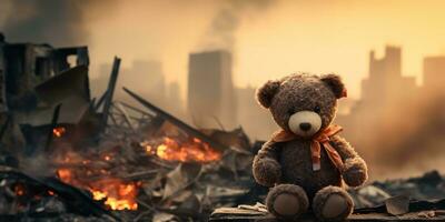 AI generated kids teddy bear toy over city burned destruction of an aftermath war conflict photo