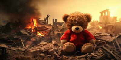 AI generated kids teddy bear toy over city burned destruction of an aftermath war conflict photo