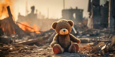 AI generated kids teddy bear toy over city burned destruction of an aftermath war conflict photo