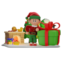 3d garçon personnage Noël penché sur le cadeau pose png