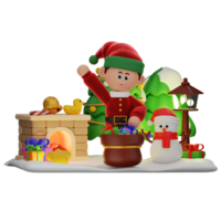 3d Garoto personagem Natal tendo saco do presentes pose png