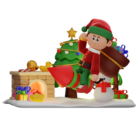 3d boy character christmas Ride Firecracker While Bring Sack Of Gifts pose png