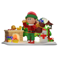 3d Garoto personagem Natal segurando uma Sino com uma saco do presentes pose png