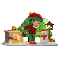 3d chico personaje Navidad traer un Navidad árbol actitud png