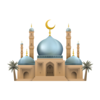 mosque with blue dome and golden crescent moon png