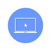 Laptop and pointer cursor icon with shadow. Notebook display with clicking mouse. Vector illustration