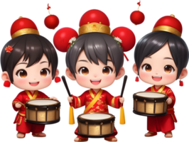 AI generated cute kid with chinese new year drum set png