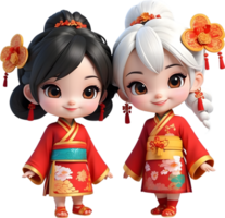 ai gerado dois desenho animado personagens vestido dentro tradicional chinês roupas png