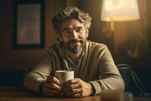 ai generado hombre con taza de café en acogedor ambiente generar ai foto