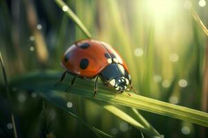 AI generated Ladybug on blade grass. Generate ai photo