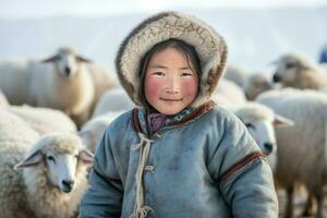 AI generated Mongolian girl with sheeps. Generate Ai photo