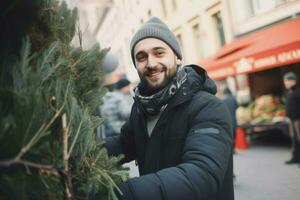 AI generated Delighted man selling Christmas trees. Generate ai photo