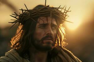 AI generated Jesus character with thorns crown on sunset. Generate ai photo