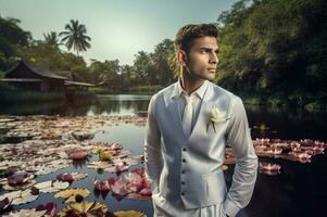 AI generated Luxury formal menswear shoot on lotus lake. Generate ai photo