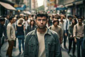 AI generated Man portrait on crowded street. Generate ai photo
