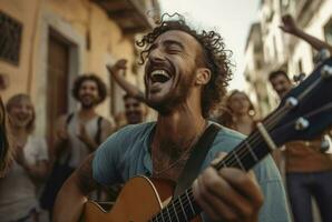 ai generado calle alegre guitarrista con contento transeúntes. generar ai foto