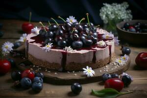 AI generated Gluten free raw cheesecake decorated with cherries. Generate ai photo