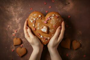 ai generado manos participación hecho a mano Galleta corazón conformado. generar ai foto