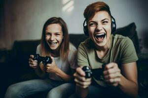 ai generado niña amigos juegos juntos. generar ai foto