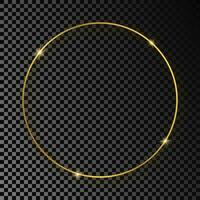 Gold glowing circle frame with shadow isolated on dark background. Shiny frame with glowing effects. Vector illustration.