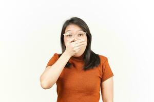 Shocked and Covering Mouth Of Beautiful Asian Woman Isolated On White Background photo