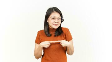 Shy Awkward and pointing finger Together Of Beautiful Asian Woman Isolated On White Background photo