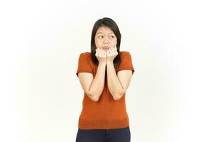 Thinking Gesture Of Beautiful Asian Woman Isolated On White Background photo