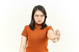 Stop and Rejection Hand Gesture Of Beautiful Asian Woman Isolated On White Background photo