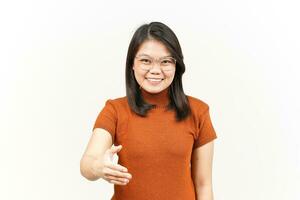 Give Hand for Handshake Of Beautiful Asian Woman Isolated On White Background photo