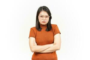 Angry Gesture Of Beautiful Asian Woman Isolated On White Background photo