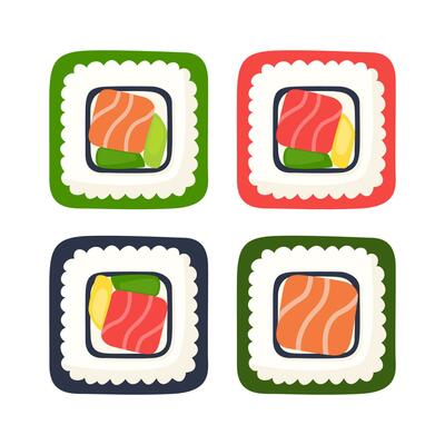 Sushi roll vector set. Japanese cuisine, traditional food. Vector illustration.