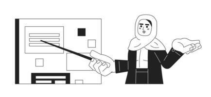 hijab empleado participación señalando palo negro y blanco 2d dibujos animados personaje. musulmán bufanda mujer aislado vector contorno persona. árabe dama oficina presentación tablero monocromo plano Mancha ilustración