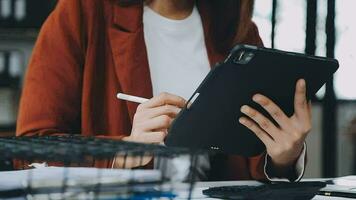 Business team meeting present, investor colleagues consultation and conference new strategy plan business and market growth on financial document graph report, Meeting and Talking. video