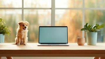 AI generated Puppy golden retriever on table ai generated laptop template photo