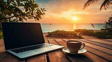 AI generated Coffee cup on deck tropical sunset ai generated laptop template photo