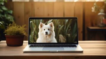 AI generated Adorable pet dog on laptop screen ai generated banner background copy space photo