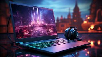 AI generated Neon headphones gaming ai generated laptop template photo